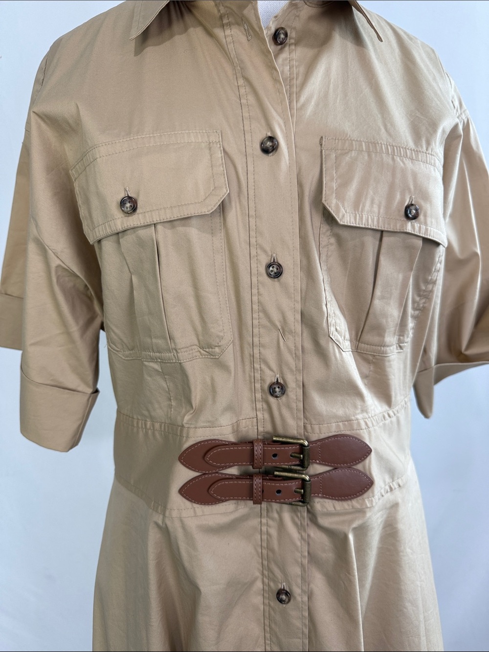 Ralph Lauren Khaki/Tan Button-Front Maxi Shirt Dress with Double Buckle Waist - Picture 3 of 6